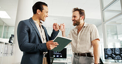 Buy stock photo Happy doctors, tablet and success with fist bump for neurology study, results or good news at office. Men, medical workers or employees with smile on technology for new discovery, MRI or brain scan