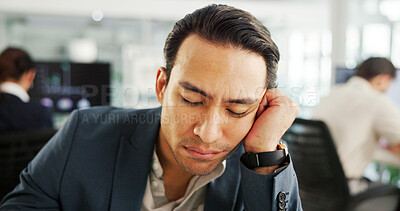 Buy stock photo Business, man and tired with sleeping in office for corporate burnout, low energy and fatigue. Exhausted, lazy employee and rest at workplace for mental health, dreaming and bored with administration