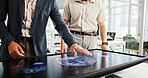 People, hands and screen with brain scan, x ray or medical examination for neurology study at office. Health business, neurologist or surgeons with display in discussion for MRI, CT or test results