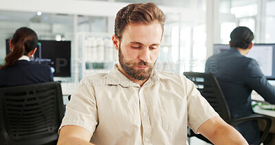 Buy stock photo Thinking, reflection and business man in office for problem solving, insight or mindset for inspiration. Serious, idea and worker with vision for solution with decision, thoughts and brainstorming