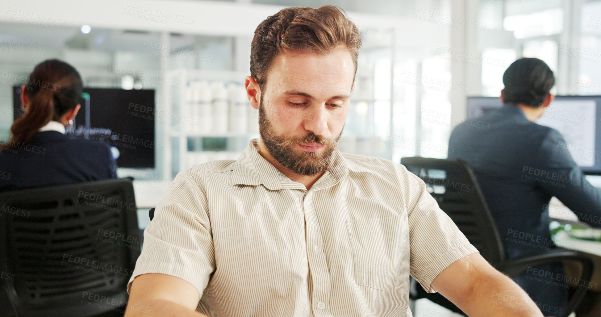 Buy stock photo Thinking, reflection and business man in office for problem solving, insight or mindset for inspiration. Serious, idea and worker with vision for solution with decision, thoughts and brainstorming