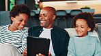 Home, father and boys on couch, tablet and bonding together with app for online comedy. African family, happiness and dad on sofa, smile and kids with love, social media and funny video with internet