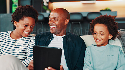 Buy stock photo Home, father and boys on couch, tablet and bonding together with app for online comedy. African family, happiness and dad on sofa, smile and kids with love, social media and funny video with internet