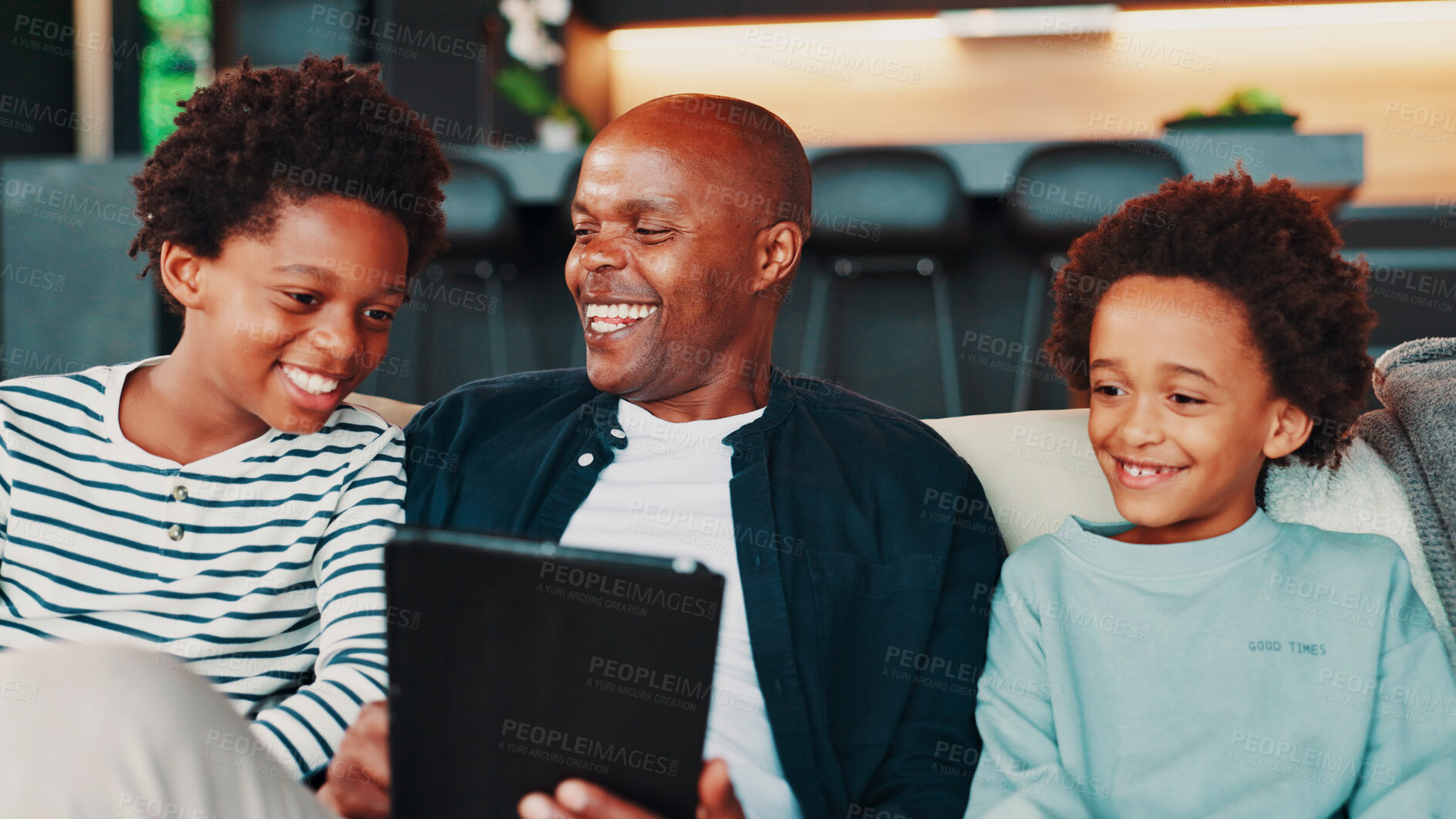 Buy stock photo Home, father and boys on couch, tablet and bonding together with app for online comedy. African family, happiness and dad on sofa, smile and kids with love, social media and funny video with internet