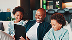 Home, father and boys on sofa, tablet and bonding together with digital app for online game. African family, apartment and dad on couch, love and children with happiness, social media and funny video