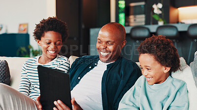 Buy stock photo Home, father and boys on sofa, tablet and bonding together with digital app for online game. African family, apartment and dad on couch, love and children with happiness, social media and funny video