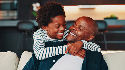 Buy stock photo Hugging, happy and child with father in home for trust, safety or care together in living room. Love, sweet and kid embracing dad for protection, connection or bonding on weekend with family in house