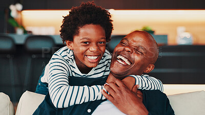 Buy stock photo Hugging, laugh and portrait child with father in home for trust, safety or care in living room. Love, sweet and kid embracing dad for protection, connection or bonding on weekend with family in house