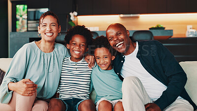 Buy stock photo African family, parents and children in portrait on sofa with laughing, bonding together and security. Love, happy people and relax in living room for weekend break, support and relationship in home