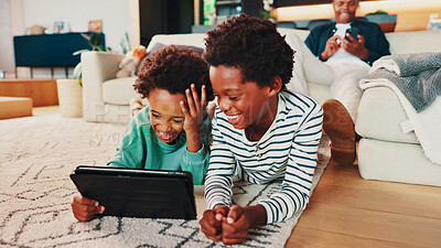 Buy stock photo Siblings, tablet and African children in home with smile, care and video games for online challenge. Happy brothers, boys or kids with touchscreen technology for streaming fun movies in family house