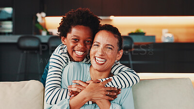 Buy stock photo Portrait, hug and mother with son, smile and bonding together with love in living room. Face, African family or parent on sofa, mama or boy with happiness, embrace or home with trust, joyful or relax