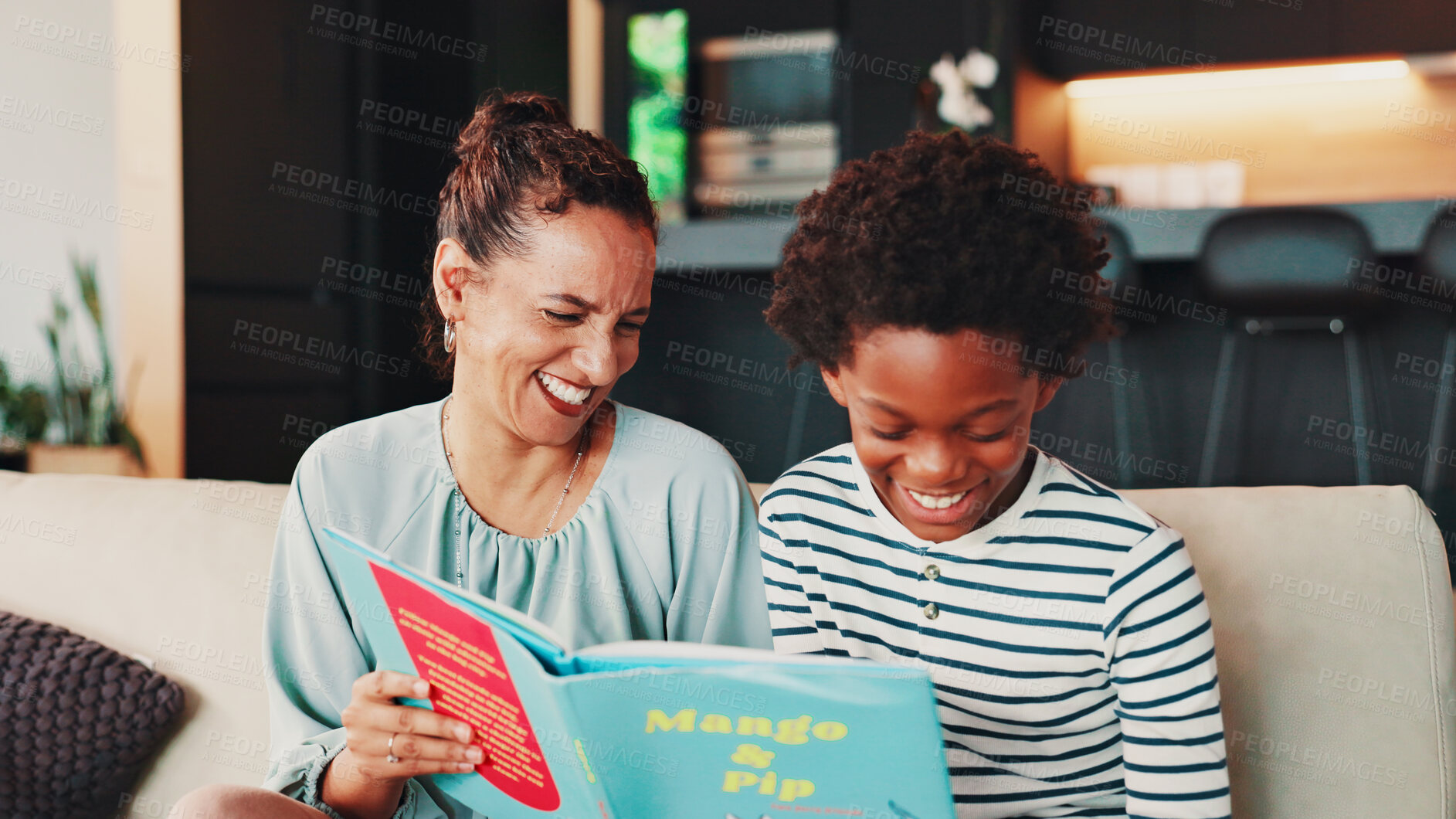 Buy stock photo Reading, mother and kid with book on sofa for bonding, literacy development and laughing for storytelling. African family, woman and boy in home with fantasy novel for learning support and studying