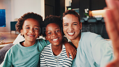 Buy stock photo Selfie, portrait and mom with children on sofa for social media, profile picture or online post in home. Happy family, smile and mother with kids take photo for bonding, fun and relationship together
