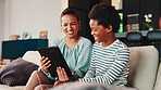 Home, mother and boy on sofa, tablet and bonding together with digital app for funny video. African family, apartment and mama on couch, love and kid with happiness, social media and relax with smile