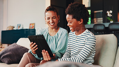 Buy stock photo Home, mother and boy on sofa, tablet and bonding together with digital app for funny video. African family, apartment and mama on couch, love and kid with happiness, social media and relax with smile