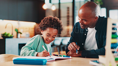 Buy stock photo Black family, father and kid with homework in home for homeschool activity, writing development and help. Happy people, man or boy student with book for creative lesson, learning support or education