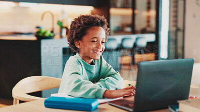 Buy stock photo Homework, laptop and child in home for online learning, education and virtual lesson on school website. Happy, growth and young boy on computer for assessment, knowledge and studying on webinar
