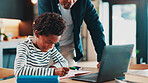 Homework, laptop and dad with child in home for online learning, education and virtual lesson on school website. Happy, family and father help boy on computer for test, knowledge and study on webinar