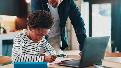 Buy stock photo Homework, laptop and dad with child in home for online learning, education and virtual lesson on school website. Happy, family and father help boy on computer for test, knowledge and study on webinar