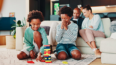 Buy stock photo Building blocks, playing and children on floor in home for development, growth or bonding. Happy, toys and boy kids on carpet for game in living room for connection, friendship or siblings together.