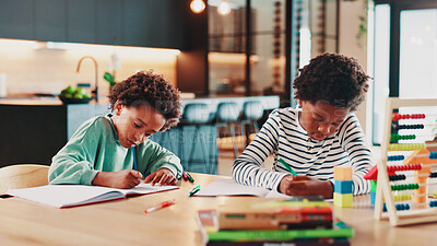 Buy stock photo Education, homework and writing with children in kitchen of home for development or learning. Homeschool, notebook and study with brother students in apartment together for growth or scholarship