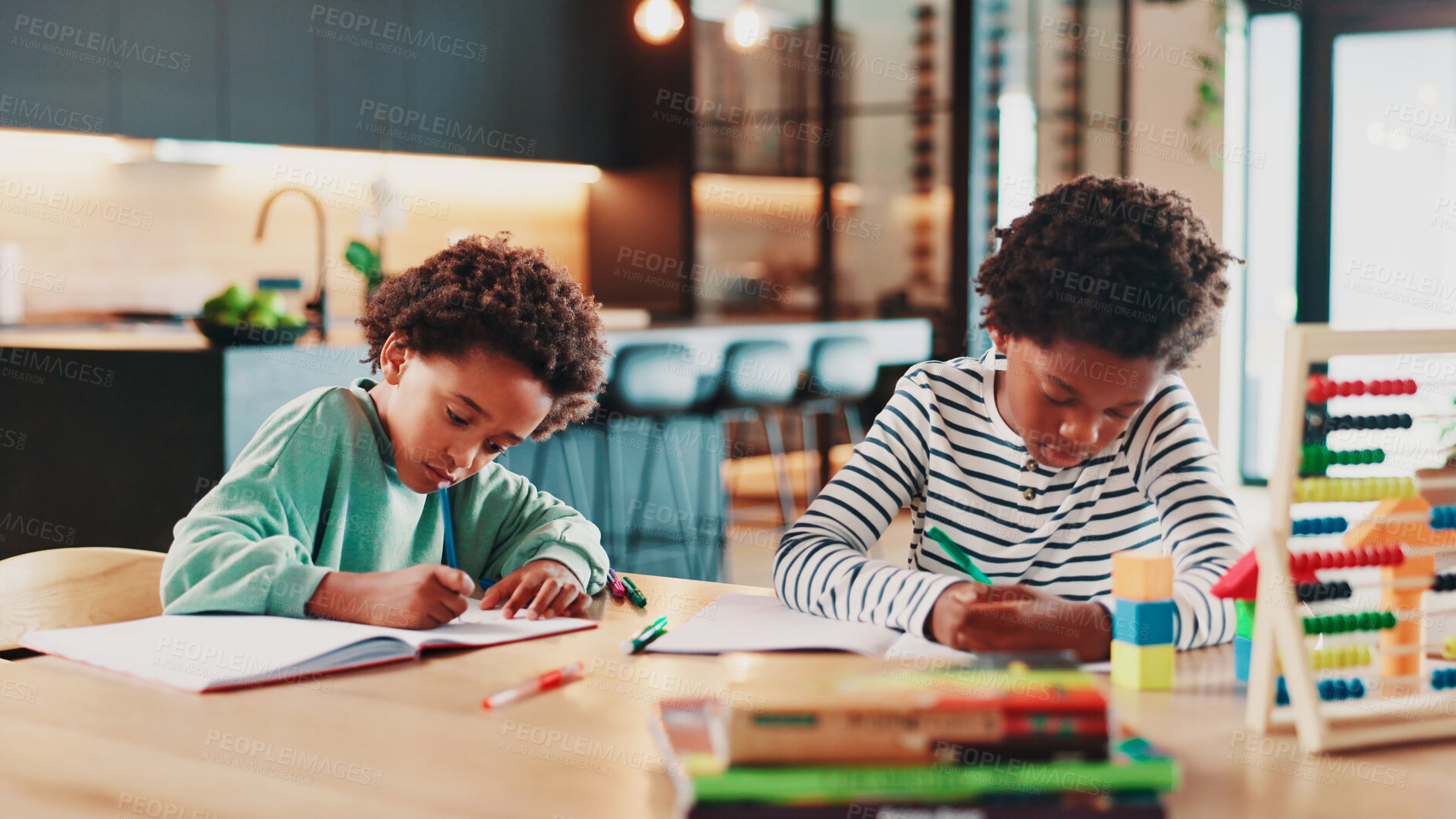 Buy stock photo Education, homework and writing with children in kitchen of home for development or learning. Homeschool, notebook and study with brother students in apartment together for growth or scholarship