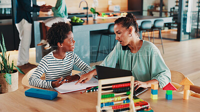 Buy stock photo Homework, laptop and mom with kid in home for online learning, education and virtual lesson on school website. Happy, family and mother help boy on computer for math test, knowledge and studying