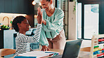 Homework, laptop and mom high five child in home for online learning, education and virtual lesson for school. Happy, family and mother celebrate with boy on computer for test, answer and good job