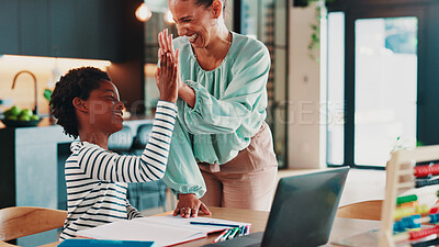 Buy stock photo Homework, laptop and woman high five child in home for online learning, education and virtual lesson for school. Happy, family and mother celebrate with boy on computer for test, answer and good job