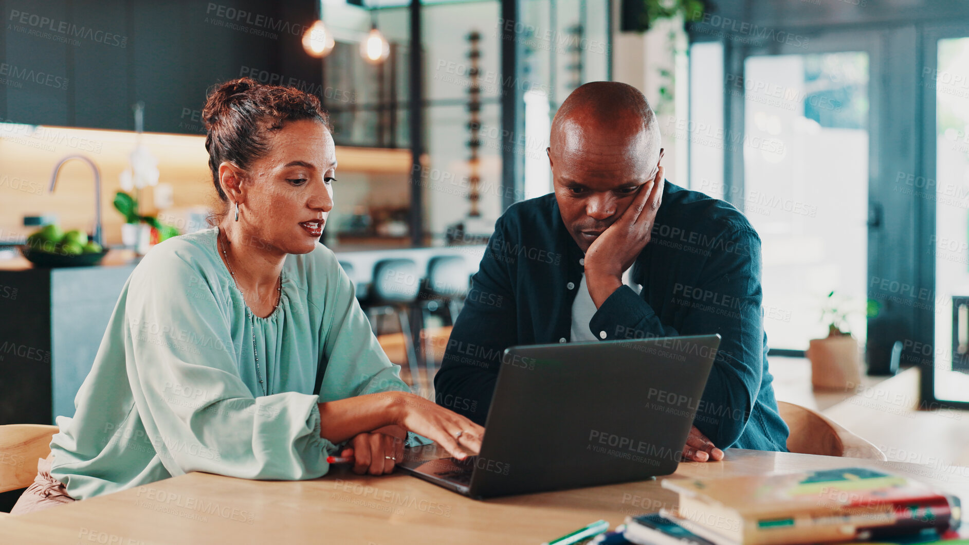 Buy stock photo Budget, finance and laptop with couple in home together for insurance, investment or savings. Computer, planning or research with man and woman in dining room for financial or wealth management