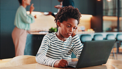 Buy stock photo Parents, argue and child with laptop in home for online learning, education and lesson for school. Family, knowledge and boy on computer to ignore mom and dad with conflict, frustrated and tension