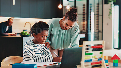 Buy stock photo Homework, laptop and mom with child in home for online learning, education and virtual lesson on school website. Happy, family and mother help boy on computer for test, knowledge and study on webinar