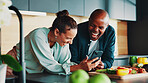 Couple, phone and laugh for cooking in kitchen with vegetables, happy or search for recipe. Mature people, man and woman with smartphone, mobile app or tutorial with video for food, diet or nutrition