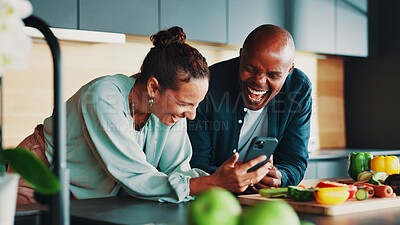 Buy stock photo Couple, phone and laugh for cooking in kitchen with vegetables, happy or search for recipe. Mature people, man and woman with smartphone, mobile app or tutorial with video for food, diet or nutrition