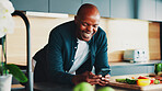 African man, phone and laugh with cooking in kitchen for vegetables, happy or click for recipe. Mature person, smartphone and meme on mobile app for tutorial video for food, diet or nutrition in home