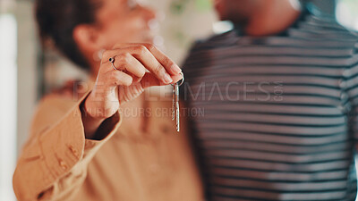 Buy stock photo Hand, keys and couple with closeup in new home for fresh start, property or real estate investment with smile. Man, woman and happy for apartment, house and mortgage with future or financial security