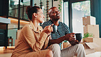 New home, boxes or black couple with coffee, relax or bonding together with real estate. African people, house investment or man with woman, property or mortgage with espresso, cappuccino or purchase