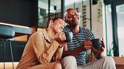 Buy stock photo New home, property and black couple with coffee, smile and bonding together with real estate. African people, house investment and man with woman, love and mortgage with apartment, rent and purchase