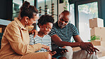 Black family, child and tablet with boxes at new house for property, investment and apartment purchase. Parents, kid and real estate with digital for relocation, renovation plan and interior design