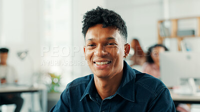 Buy stock photo About us, creative and portrait with designer man in office of small business for startup career. Coworking, mission and smile with happy artistic employee in design workplace for start of new job