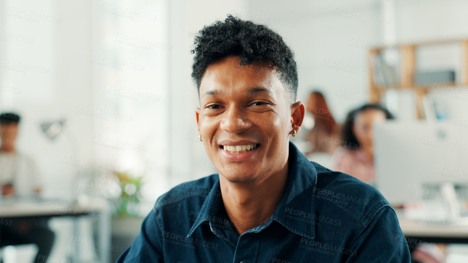 Buy stock photo About us, creative and portrait with designer man in office of small business for startup career. Coworking, mission and smile with happy artistic employee in design workplace for start of new job