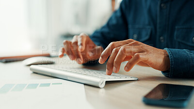 Buy stock photo Typing, keyboard and research with hands of person in office for sales projection, investor revenue and planning. Customer data, graph and computer with closeup of employee for forecast report 