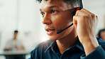 Contact, headset and support with man in call center for assistance, help or lead generation. Consulting, conversation and microphone with virtual assistant at work in customer service for feedback