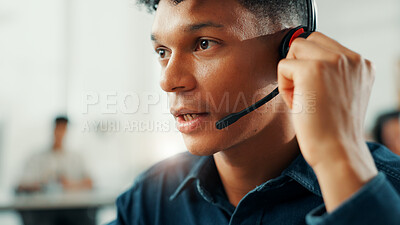 Buy stock photo Contact, headset and support with man in call center for assistance, help or lead generation. Consulting, conversation and microphone with virtual assistant at work in customer service for feedback