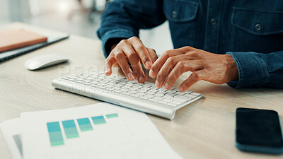 Buy stock photo Typing, computer and research with hands of person in office for sales projection, investor revenue and planning. Customer data, graph and documents with closeup of employee for forecast report 