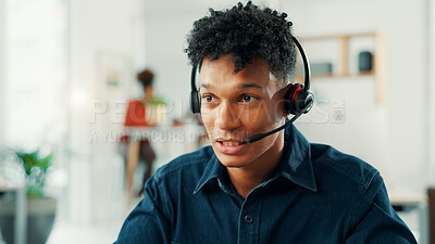 Buy stock photo Headset, support and telemarketing with man in call center for assistance, help or lead generation. Communication, consulting and mic with virtual assistant at work in customer service for feedback