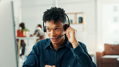 Buy stock photo Computer, headset and support with man in call center for assistance, help or lead generation. Contact us, conversation and mic with virtual assistant at work in customer service for feedback