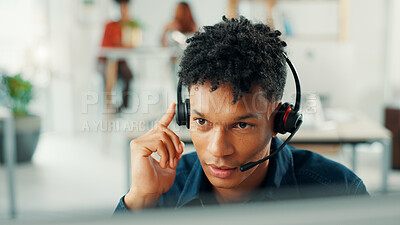 Buy stock photo Computer, contact us and support with man in call center for assistance, help or lead generation. Communication, headset and microphone with virtual assistant at work in customer service for feedback