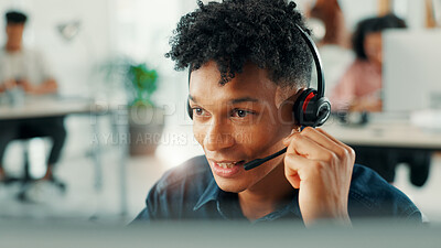 Buy stock photo Computer, contact us and headset with man in call center for assistance, help or lead generation. Communication, microphone and support with virtual assistant at work in customer service for feedback