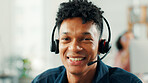 Consulting, headset and portrait with man in call center for assistance, help or support. Communication, conversation and microphone with virtual assistant at work in customer service for feedback